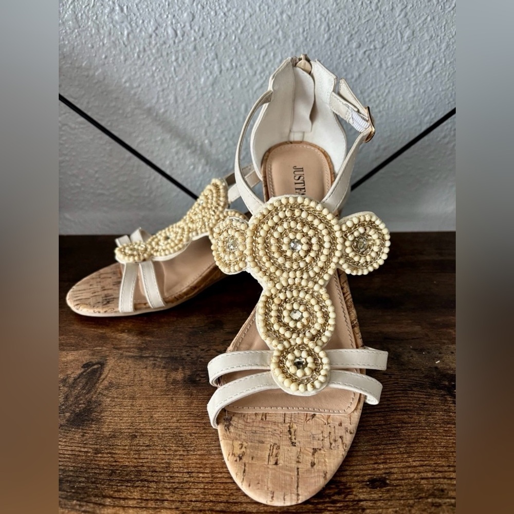 JustFab Cream Beaded T-Strap Cork-Style Wedges Sandals Size 8